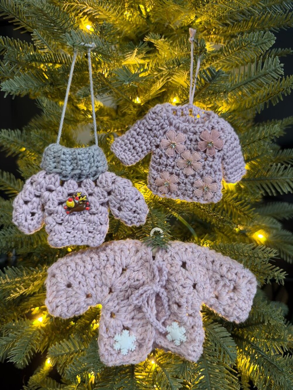 Handmade Crochet Ugly Christmas Sweaters Hanging Purple Pink Ornaments Set of 3